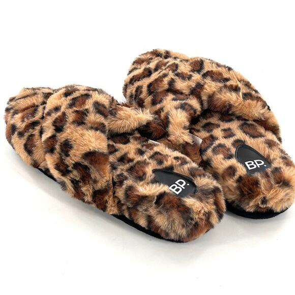 BP. Sophie Criss Cross Slippers 11 12 NWOT Plush Faux Fur Leopard Slides Slip On - Picture 3 of 7